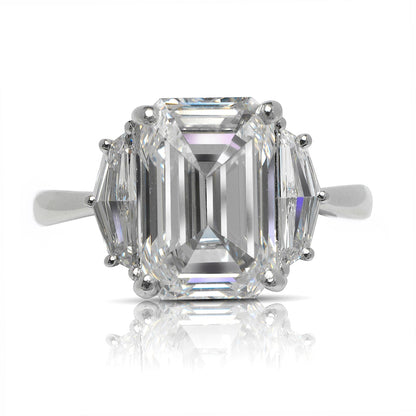 Diamond Ring Emerald Cut 5 Carat Three Stone Ring in Platinum Front View