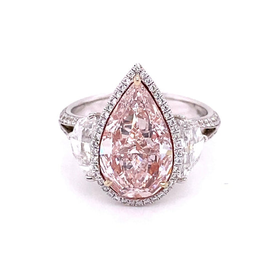 Light Pink Diamond Ring Pear Shape Cut 5 Carat Halo Ring in 18K White Gold & Rose Gold Front View