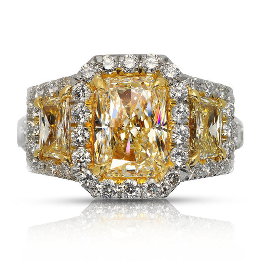 Yellow Diamond Ring Radiant Cut 5 Carat Three Stone Ring in Platinum & 18K Gold Front View