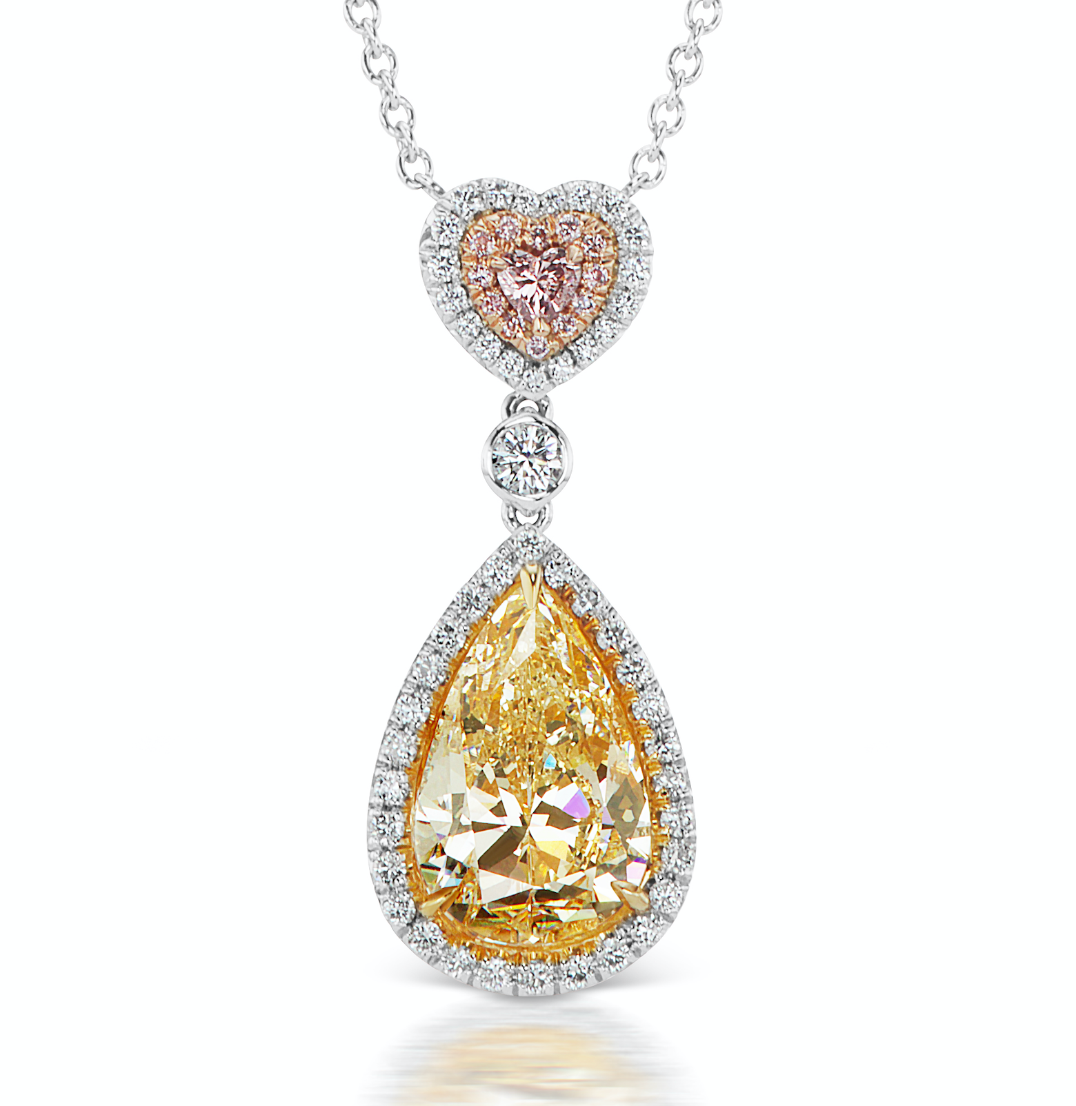 Yellow Diamond Necklace Pear Shape & Heart Cut 6 Carat Three Stone Pendant in Platinum & 18K Gold Front View