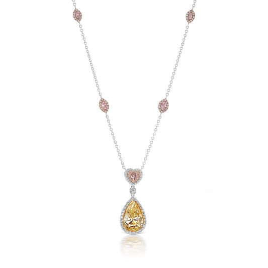 Yellow Diamond Necklace Pear Shape & Heart Cut 6 Carat Three Stone Pendant in Platinum & 18K Gold Front View