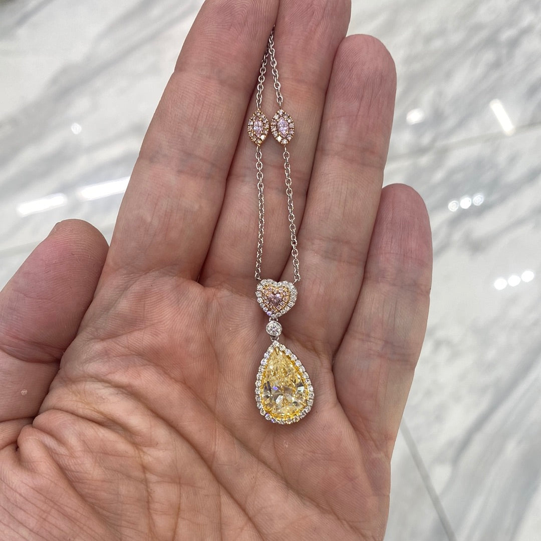 AMUN 6 CARAT PEAR SHAPE VS2 CLARITY  LIGHT YELLOW DIAMOND NECKLACE HALO PLATINUM & 18K GOLD GIA CERTIFIED 5 CT LY VS2 BY MIKE NEKTA