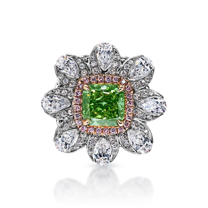 FLOR 6 CARAT RADIANT CUT  VVS2 CLARITY FANCY GREEN DIAMOND ENGAGEMENT RING PLATINUM GIA CERTIFIED Front view