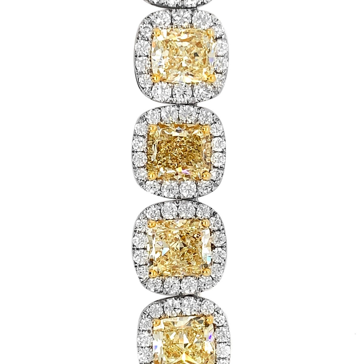 Yellow Diamond Necklace Cushion Cut 67 Carat  Halo Necklace in 18K White Gold Front View