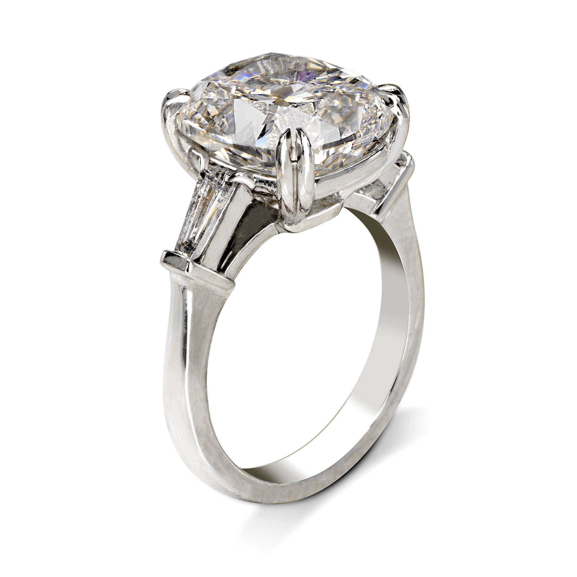 Diamond Ring Cushion Cut 7 Carat Three Stone Ring in Platinum Side View