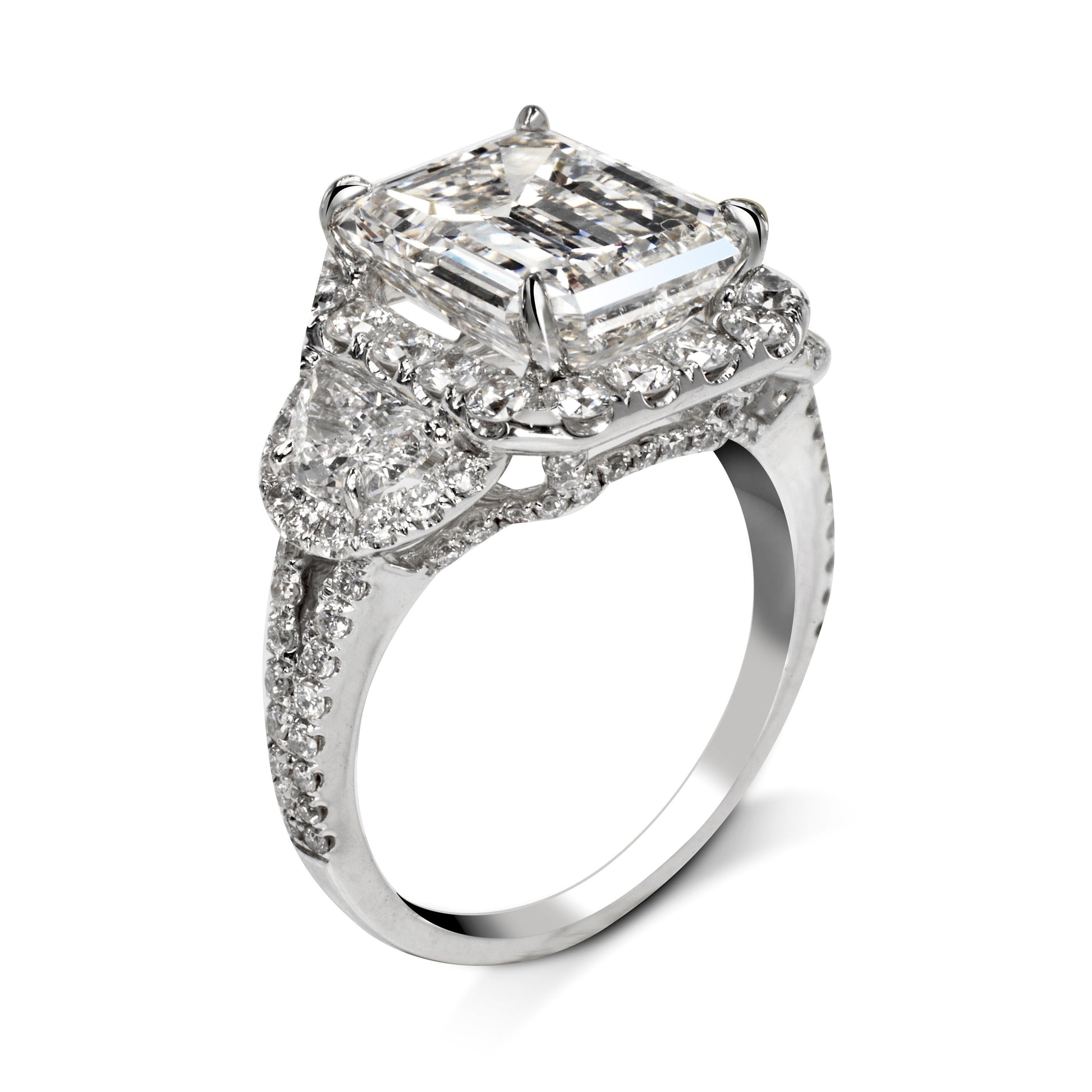 Diamond Ring Emerald Cut 7 Carat Halo Ring in Platinum Side View