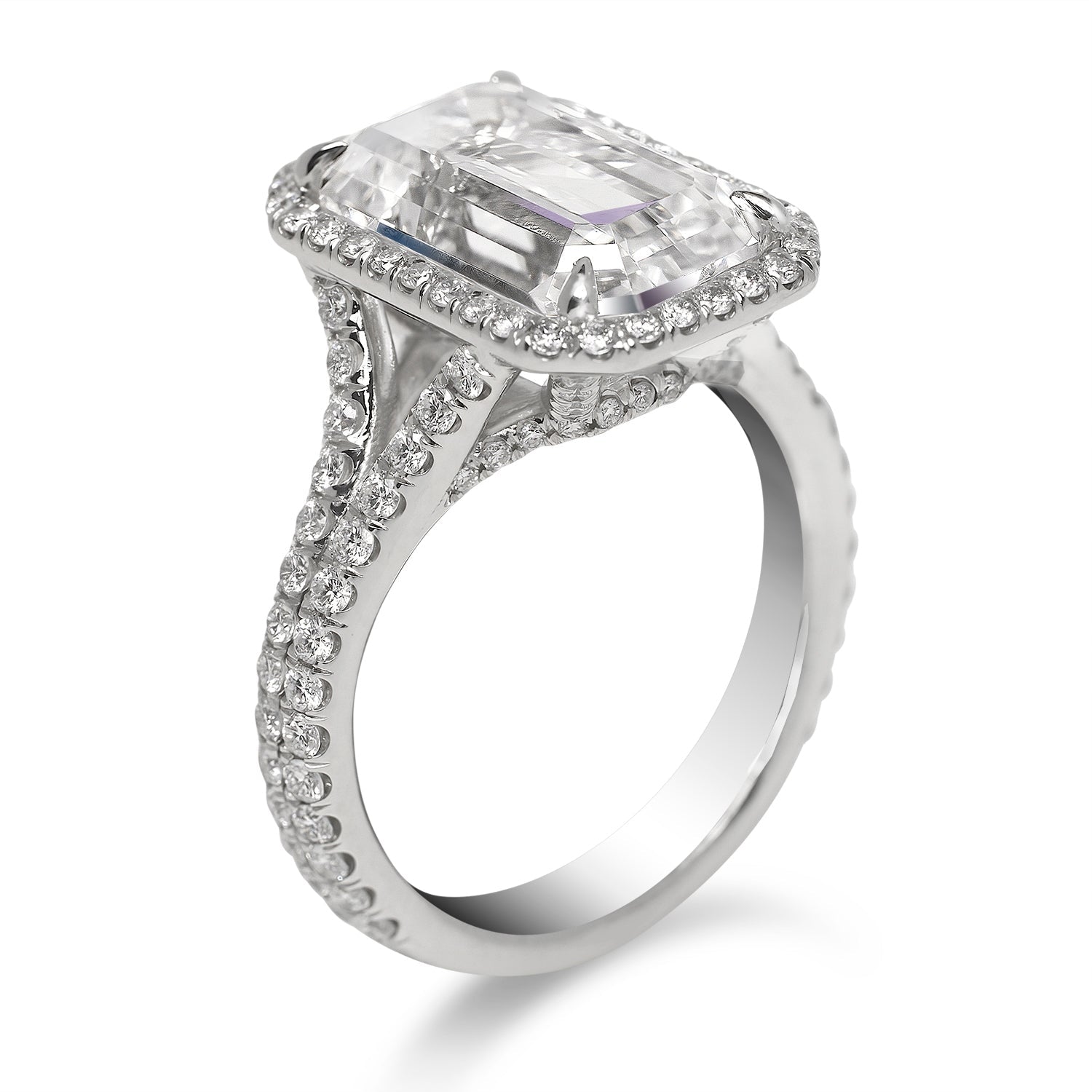 Diamond Ring Emerald Cut 7 Carat Halo Ring in Platinum Side View