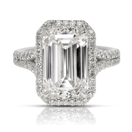 Diamond Ring Emerald Cut 7 Carat Halo Ring in Platinum Front View