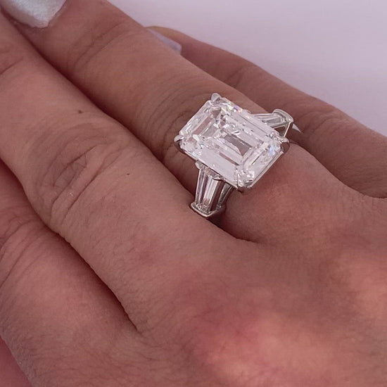 Diamond Ring Emerald Cut 7 Carat Three Stone Ring in Platinum Video on Hand