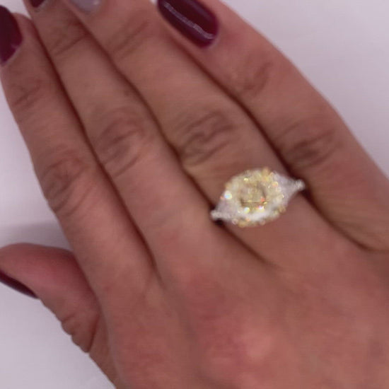 Fancy Yellow Diamond Ring Cushion Cut 5 Carat Three Stone Ring in Platinum & 18K Gold Video on Hand