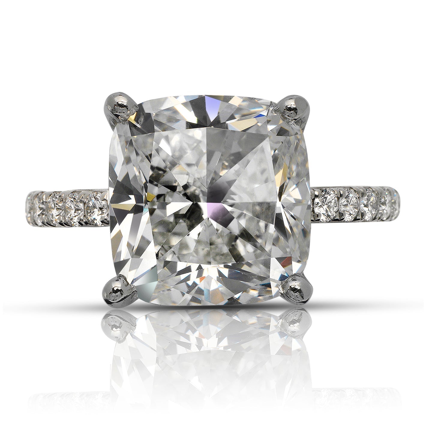 Diamond Ring Cushion Cut 8 Carat Sidestone Ring in Platinum Front View