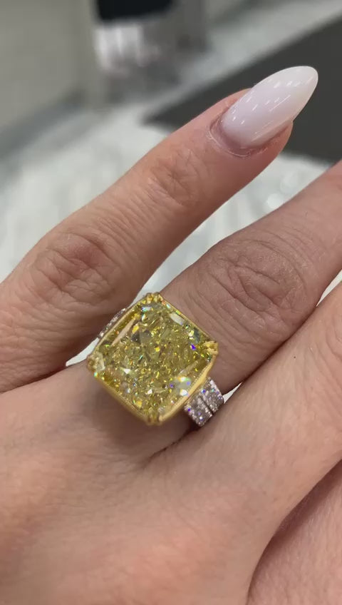 Adeline 13 Carat Fancy Yellow VS2 Radiant Cut Diamond Engagement Ring in Platinum Video 2