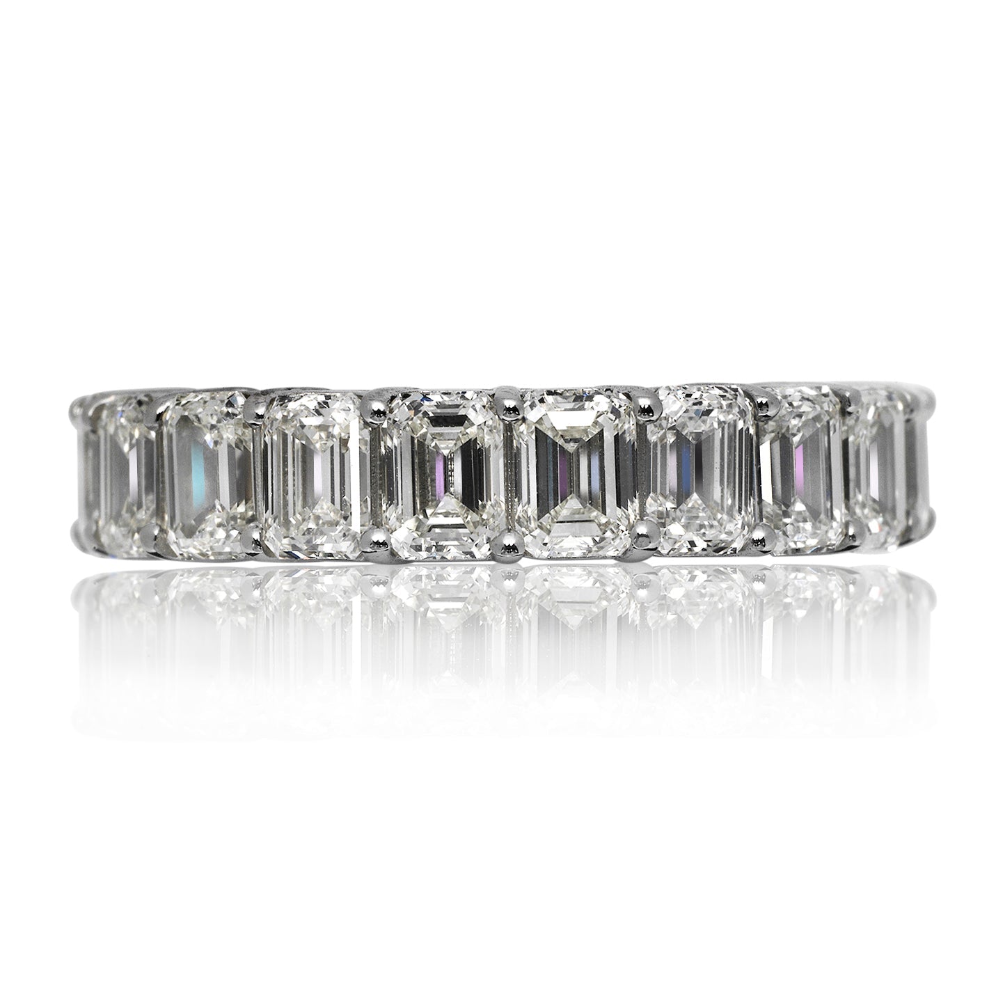 9 Carat Emerald Cut Diamond Eternity Band in 14K Gold U shape Prong Front View