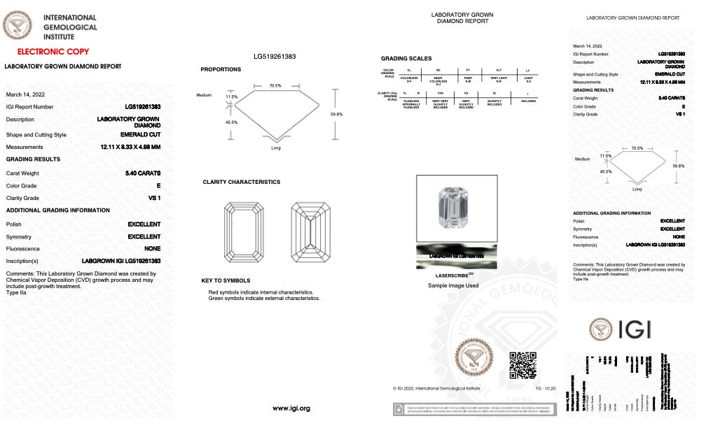 Diamond Certificate IGI Lab Grown Diamond Emerald cut 5.40 carats