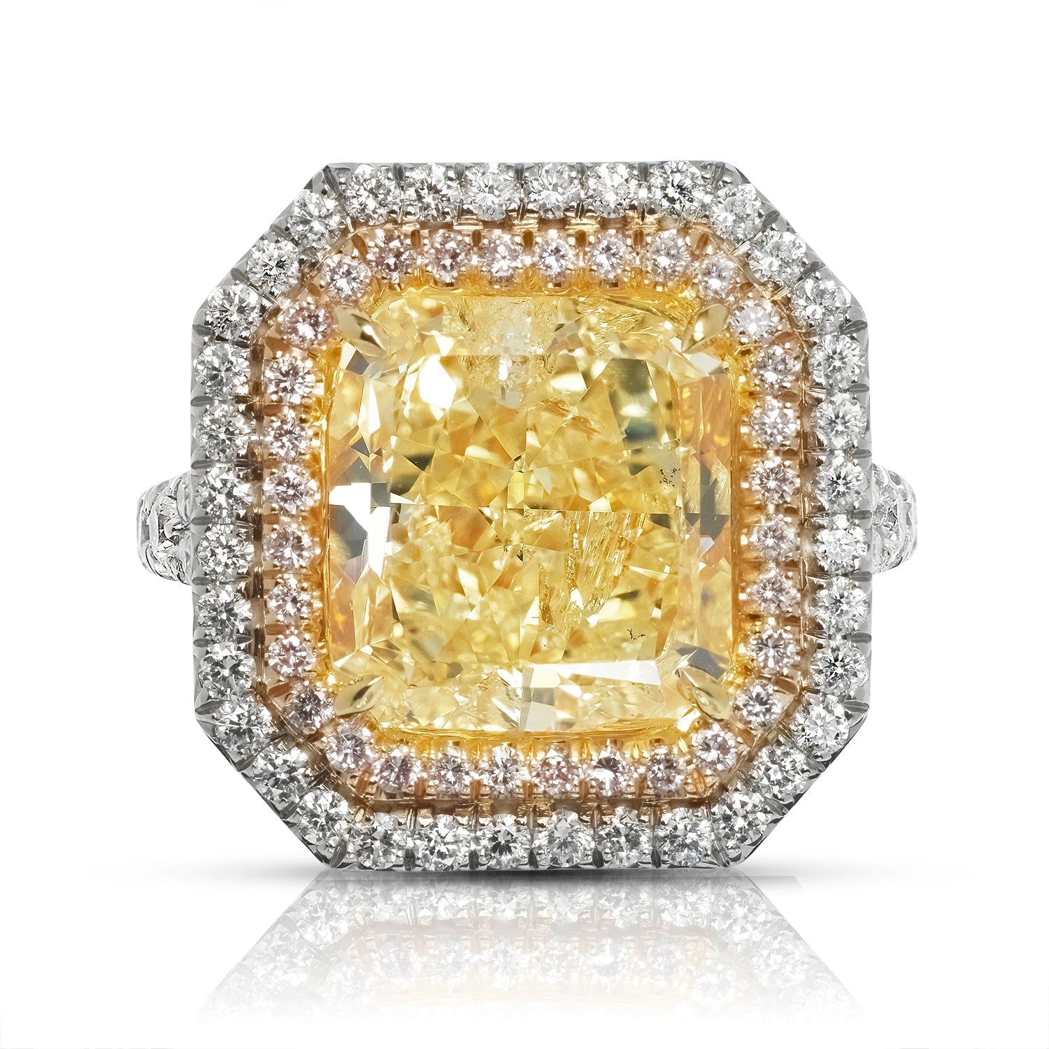 Yellow Diamond Ring Radiant Cut 9 Carat Halo Ring in Platinum & 18K Gold Front View