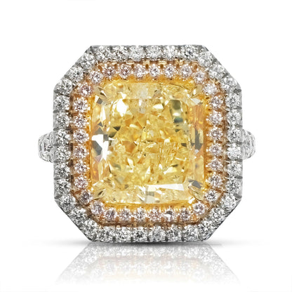 Yellow Diamond Ring Radiant Cut 9 Carat Halo Ring in Platinum & 18K Gold Front View