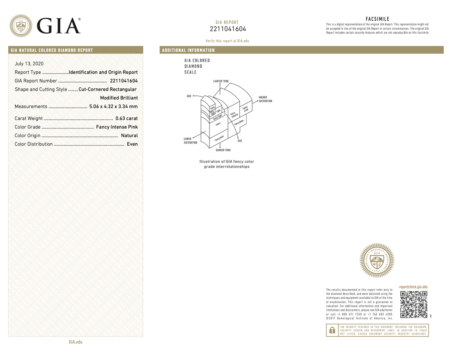 Fancy Intense Pink Radiant Cut .63 Carat Argyle Diamond Gia Report View