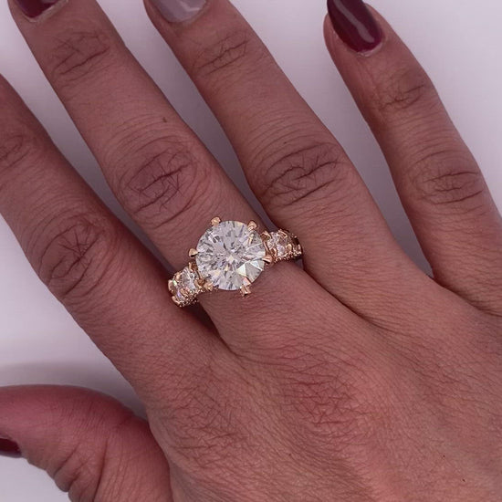 Diamond Ring Round Cut 10 Carat Sidestone Ring in 18K Rose Gold Video on Hand