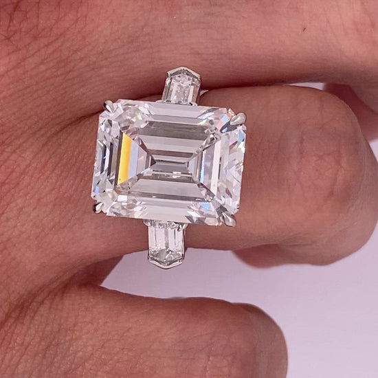 Diamond Ring Emerald Cut 15 Carat Three Stone Ring in Platinum Video on Hand