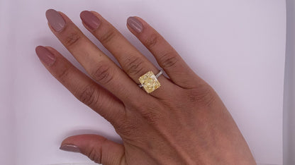 IVY 9 CARAT RADIANT CUT FANCY YELLOW  DIAMOND ENGAGEMENT RING PLATINUM & 18K GOLD GIA CERTIFIED 8 CT FY SI1 BY MIKE NEKTA