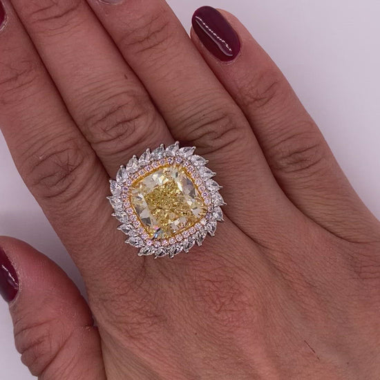 Yellow Diamond Ring Cushion Cut 16 Carat pear Diamonds Halo Ring in Platinum Video on Hand