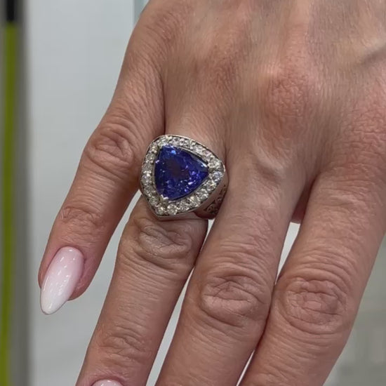 Juliet 10 Carats Trilliant Cut Blue Tanzanite Ring Halo in 14k White Gold Video