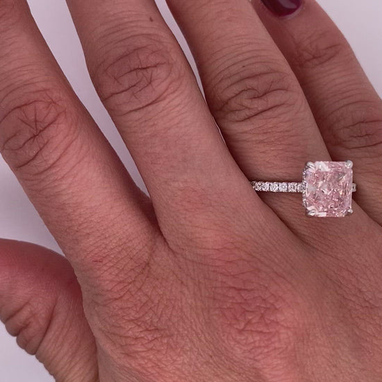 Pink Diamond Ring Radiant Cut 3 Carat Sidestone Ring in 18K White Gold  Video on Hand