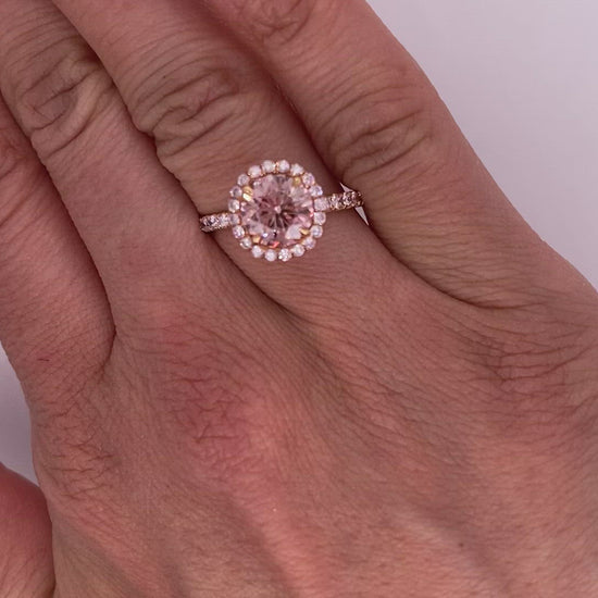 Orangy Pink Diamond Ring Round Cut 2 Carat Halo Ring in 18 K Rose Gold Video on Hand