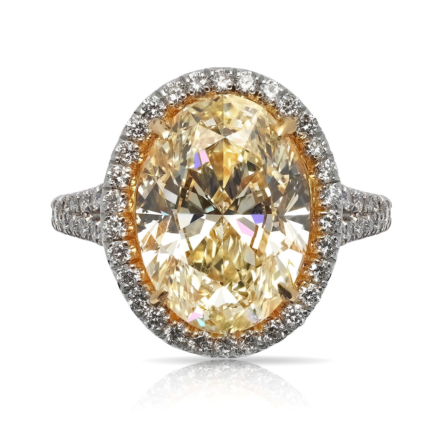 Yellow Diamond Ring Oval Cut 7 Carat Halo Ring in Platinum & 18K Yellow Gold Front View