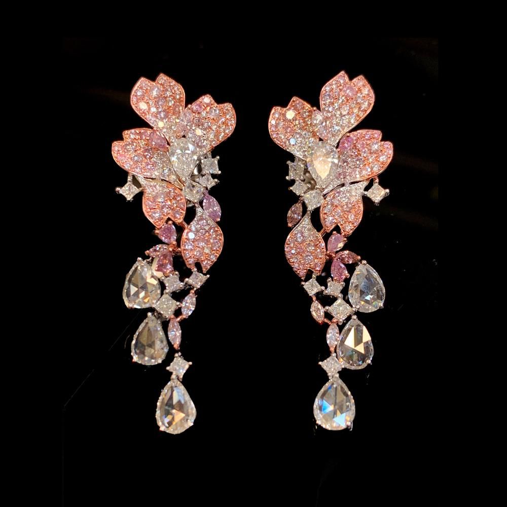 ROSE GOLD AND CHARCOAL PLATED LONG EARRINGS IN CZ DIAMOND WITH PINK ST –  Ohh chhori Fashion Jewellery