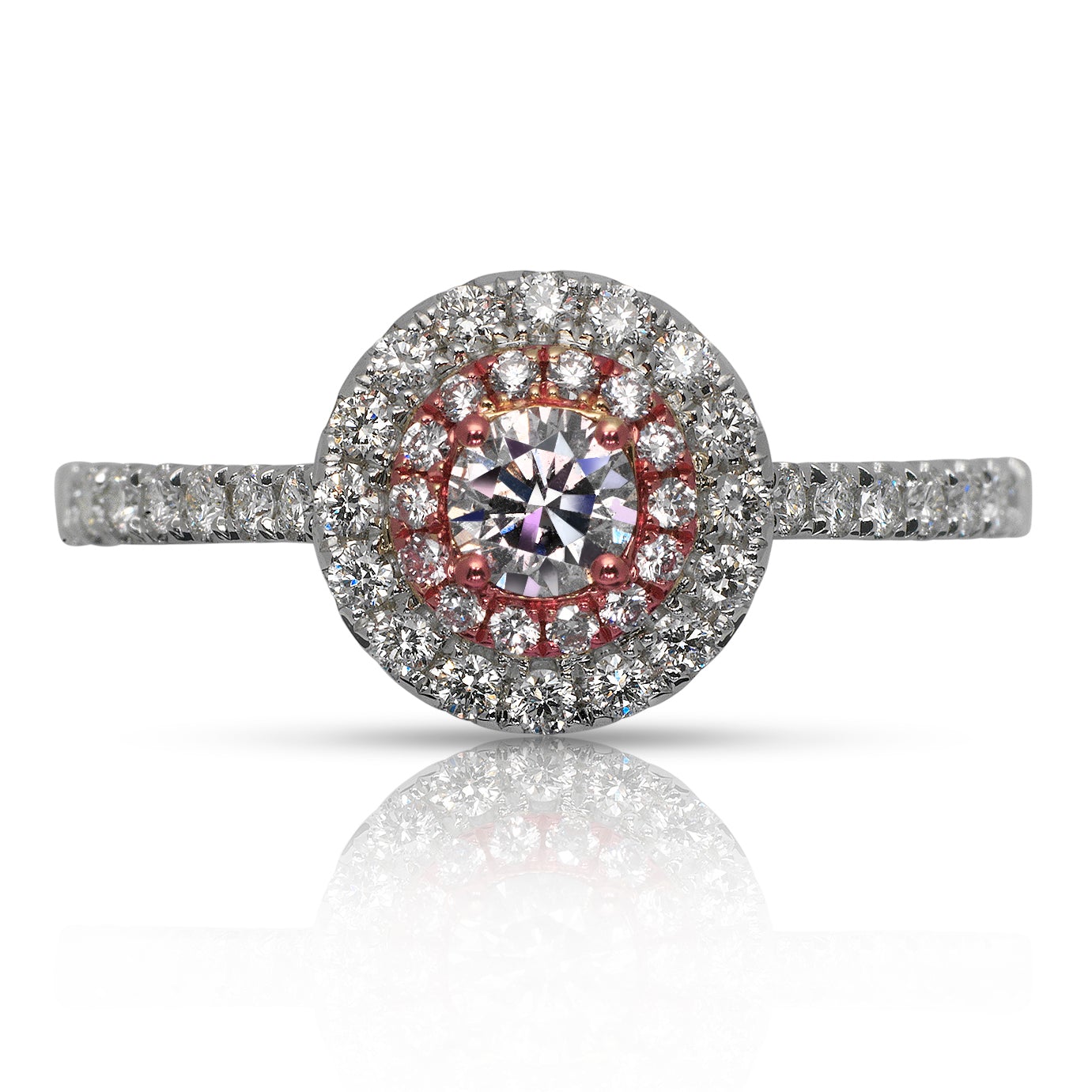 Orangy Pink Diamond Ring Round Cut Halo Ring in 18K White Gold Front View