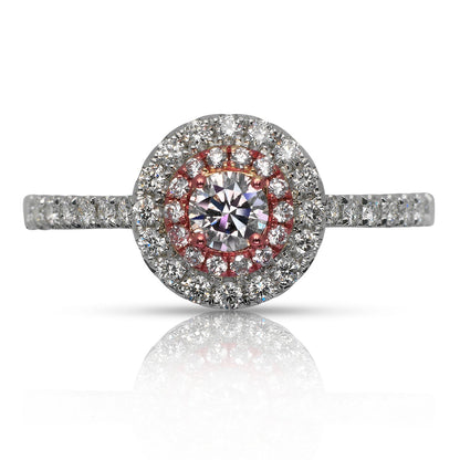 Orangy Pink Diamond Ring Round Cut Halo Ring in 18K White Gold Front View