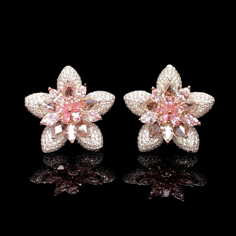 Pink Diamond Stud Earrings  Marquise Cut  Sidestone Earrings in 18K White Gold Front View