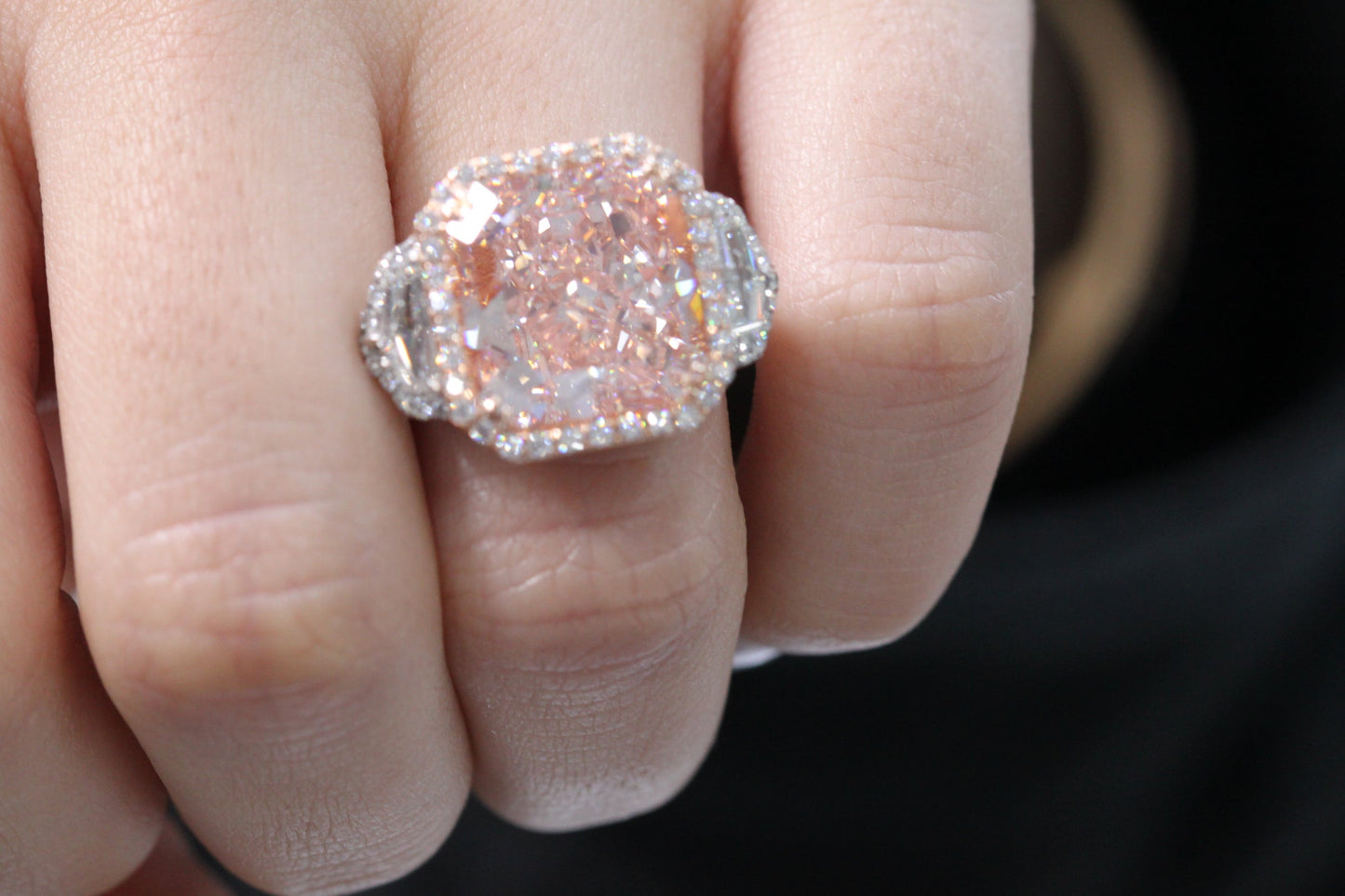 PRIEM 15 Carat Radiant Cut Fancy Intense Orangy Pink Three Stone Diamond Engagement Ring GIA Certified 13 CT Fancy Orangey Pink by Mike Nekta NYC